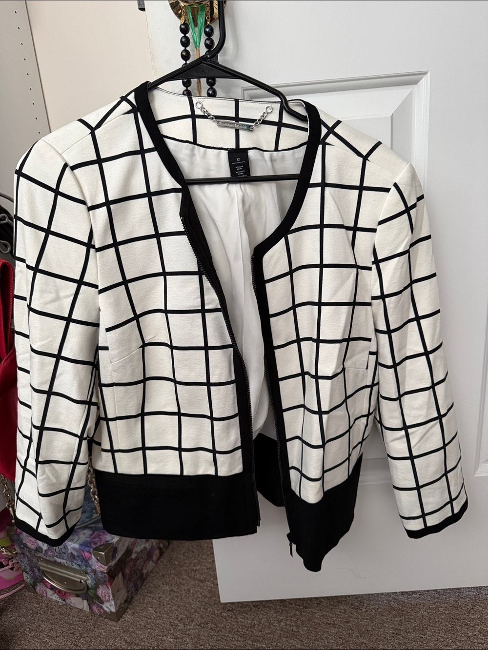 White House Black Market Black & White Grid-Print Blazer